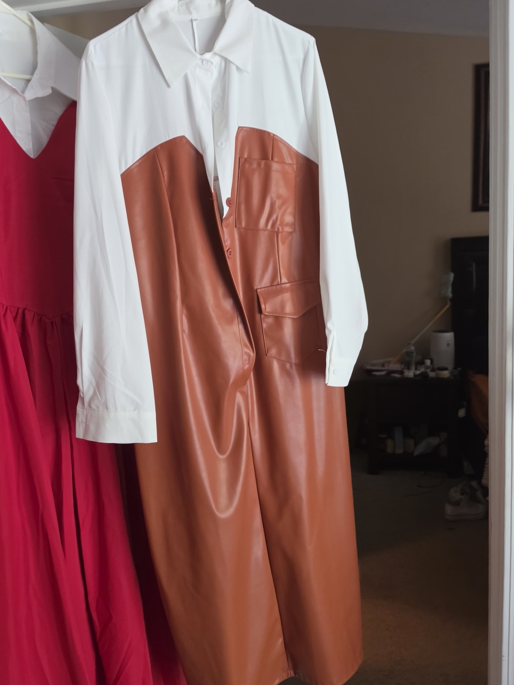Colorblocked White Shirt with Brown Faux-Leather Dress Overlay